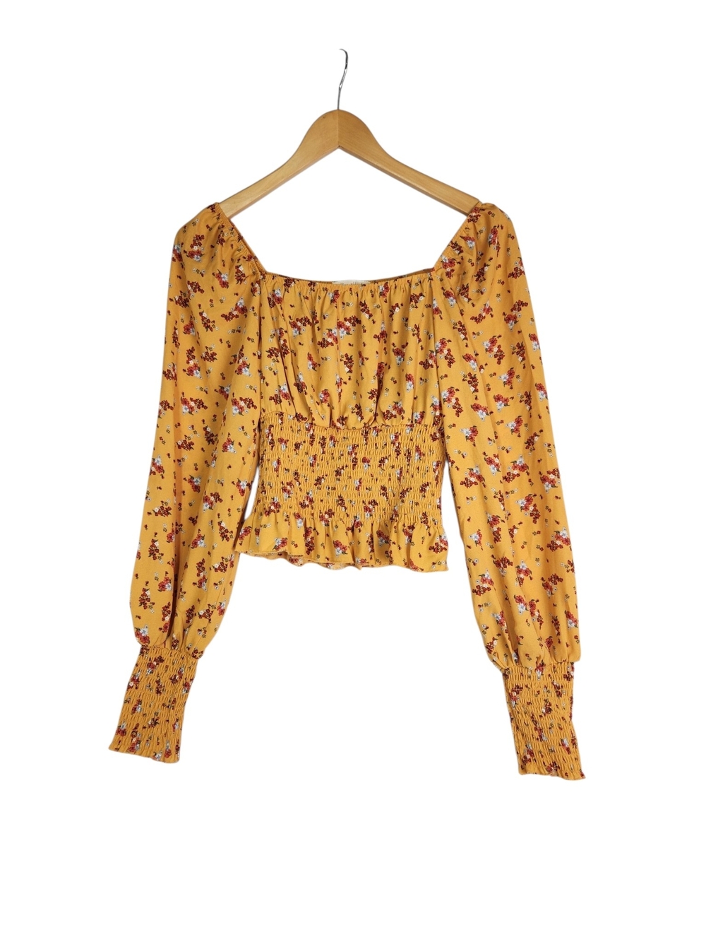 Ultra Flirt Floral Smocked Peplum Peasant Top Yellow Long Sleeve Square Neck S - Picture 6 of 13